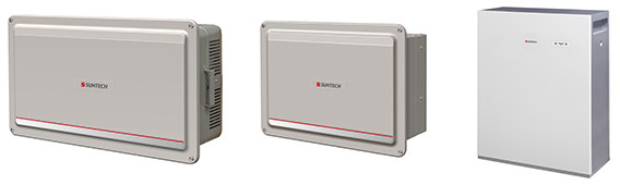 サンテックパワージャパン　左からハイブリッドパワーコンディショナ、DC/DCコンバータ、リチウムイオン電池ユニット