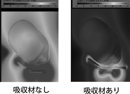 吸収材なし（左）と、あり（右）。吸収材が、人体への電磁波
　の吸収を防いでいる