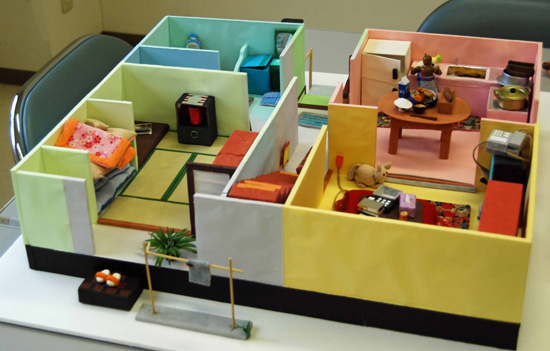 住宅模型（実用新案3148203号）2DKの屋根なし平屋住宅1/15サイズ