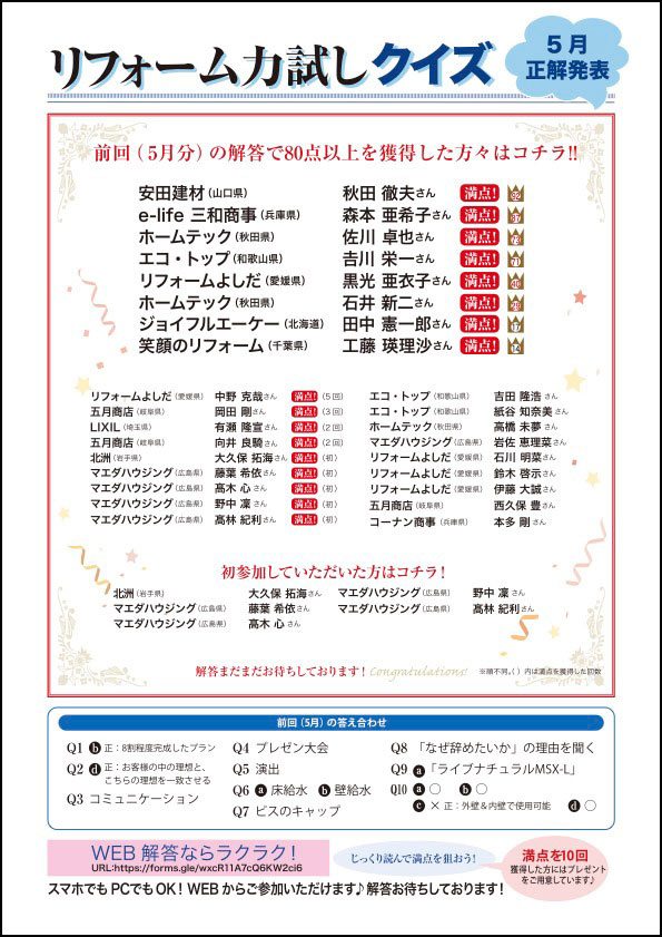 リフォーム力試しクイズ　正解＆高得点者発表【2025年5月分】