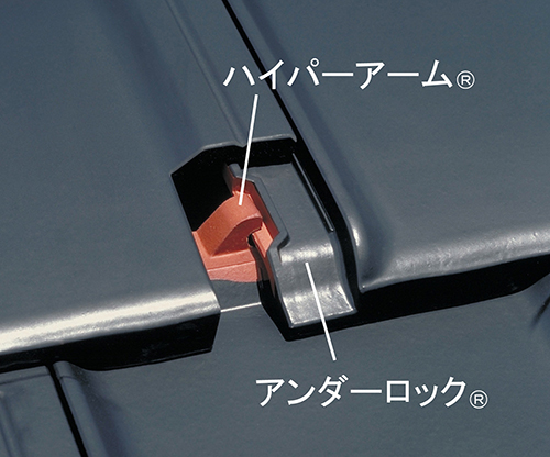 下の瓦が上の瓦をロックする構造で、耐風・耐震・耐久性能を発揮