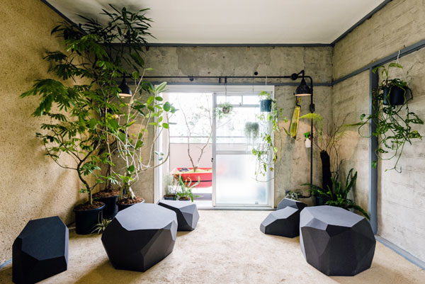 アートアンドクラフト　室内に観葉植物とイミテーションの庭石が並び、家の中でグリーンを楽しむことができる部屋