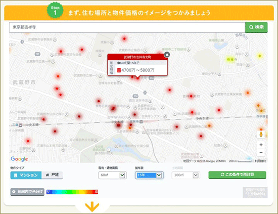 条件を入力すると、相場価格が地図上に記載される