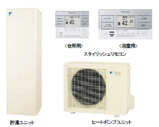 ダイキン工業　貯湯ユニット（左）とヒートポンプユニット（右下）、スタイリッシュリモコン（右上）