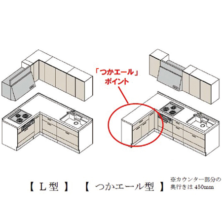 ノーリツ　「つかエール」は、作業スペースや収納に使えるキャビネットをL字型に配置