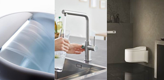 左から、LIXILの「アクアフィール」、GROHEの「GROHE Blue Home」、「Sensia Arena」