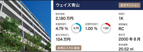 リーウェイズ　物件の表面利回りだけでなく、全期間利回りも表示し、購入の判断材料にできる