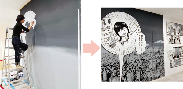 錦糸町PARCO　左：7階の壁はその場で描く「ライブペイント」で...→右：漫画「錦糸町ナイトサバイブ」を描いた