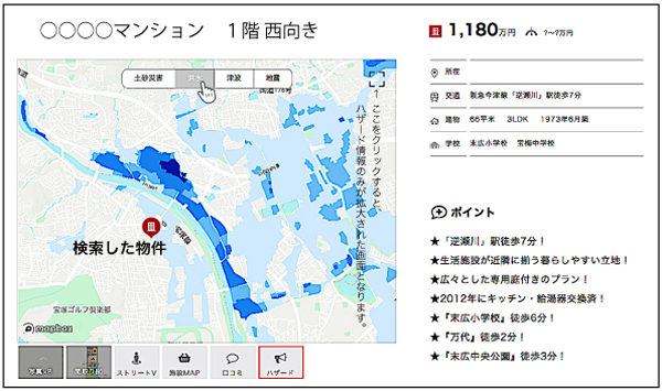 ウィル　「河川浸水想定区域」のハザード情報を表示した画面例