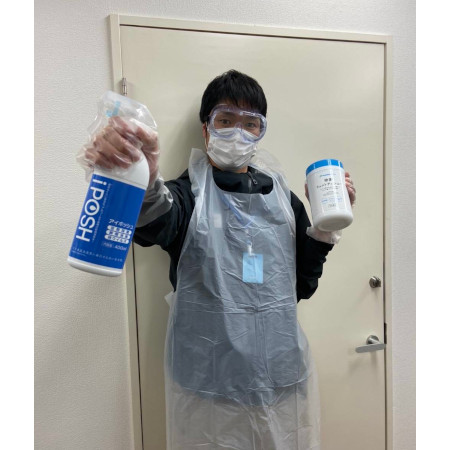 メガバックス　使い捨てエプロンを利用し、除菌を徹底