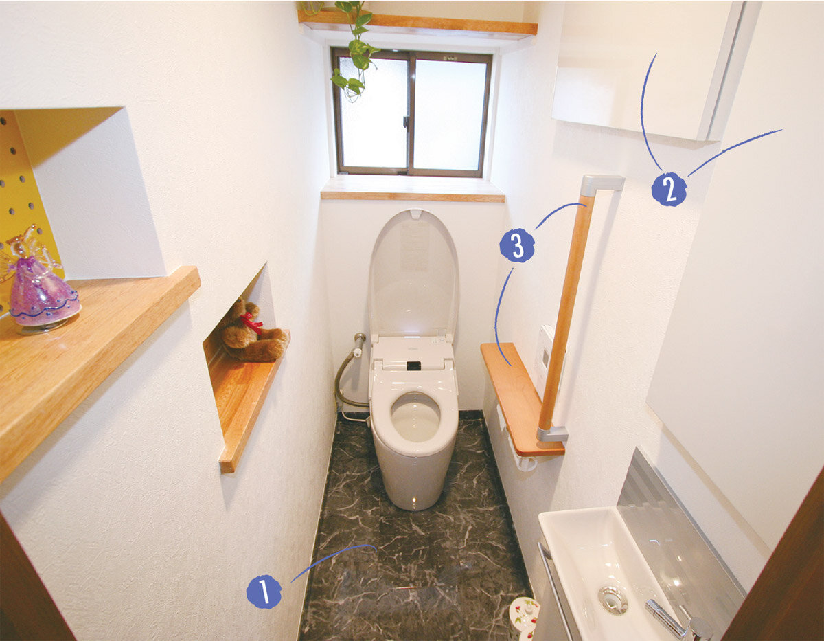 HGプランニング　白いトイレが引き立つ大理石調の床