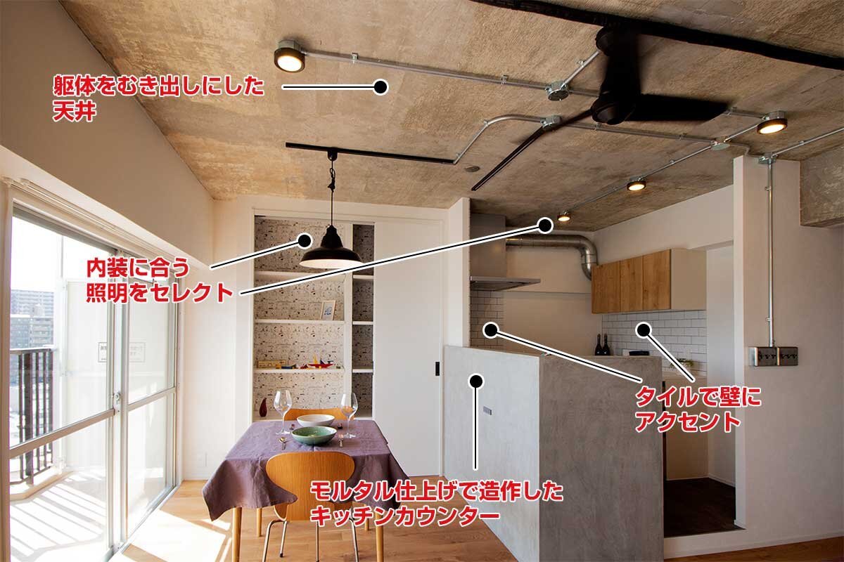 躯体をむき出しにした天井、内装に合う照明をセレクト
