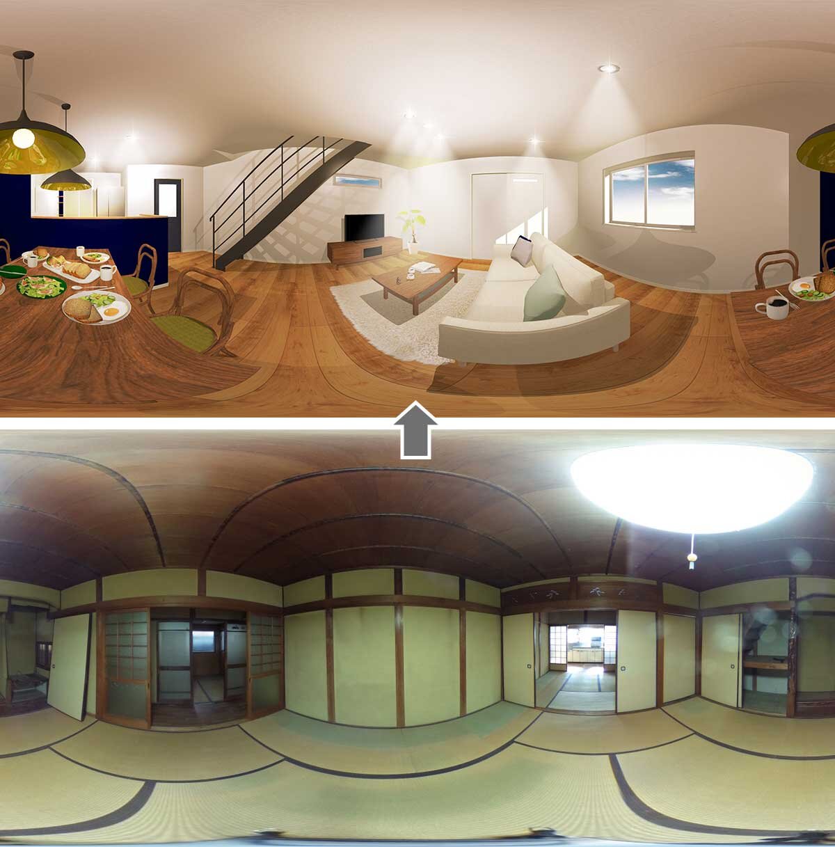 完成前と完成後見学会それぞれで3Dパースのビフォーアフターを見せる