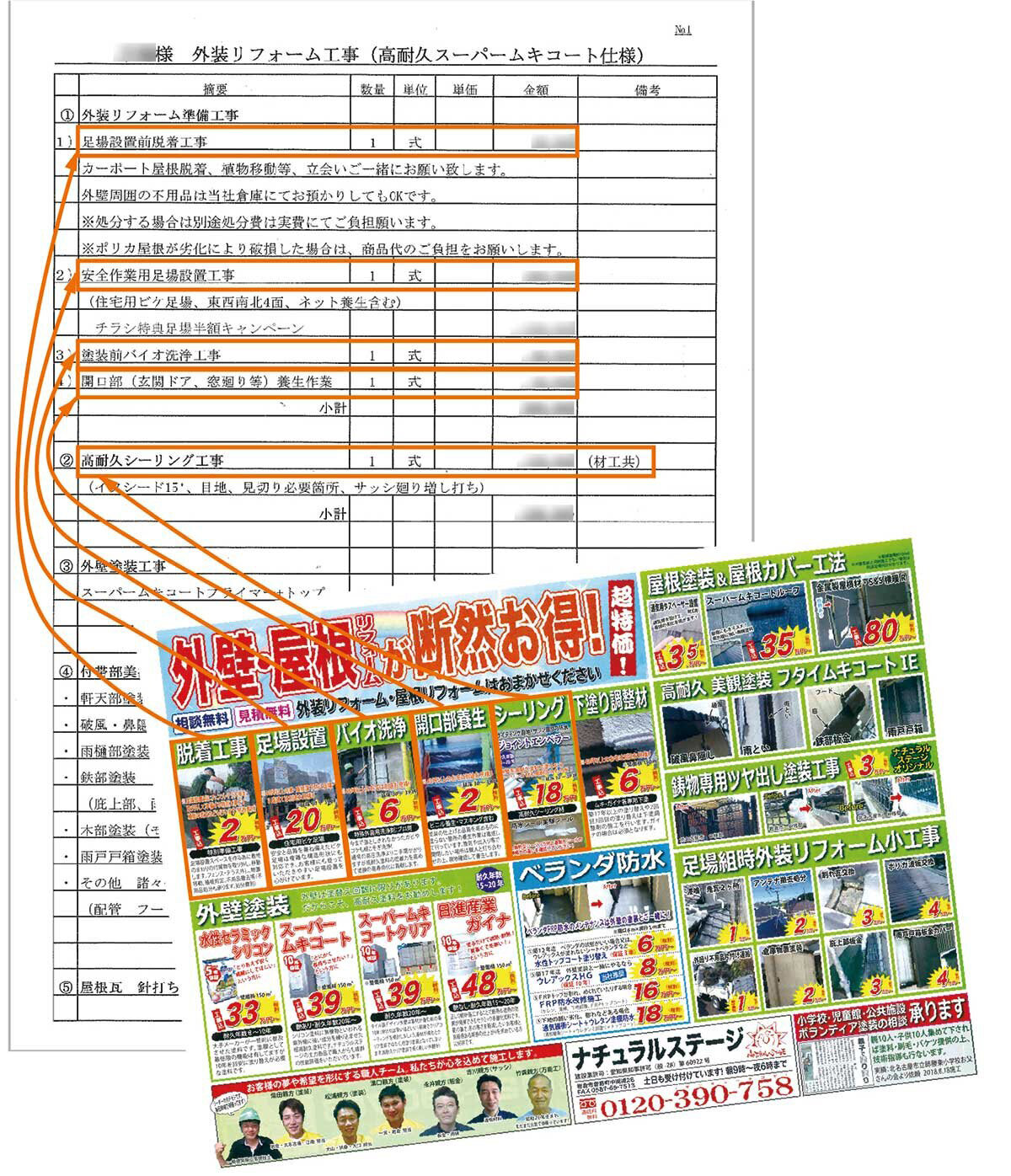 ナチュラルステージ　チラシには、足場、バイオ洗浄、開口部補修、下塗りなど工事のプロセスごとに単価を記載