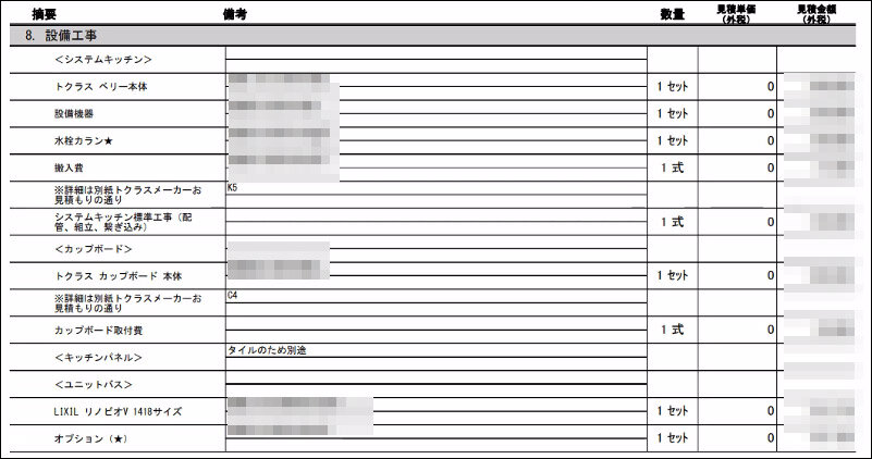 an cube　工程ごとに細かく、商材や作業ごとに料金を記載