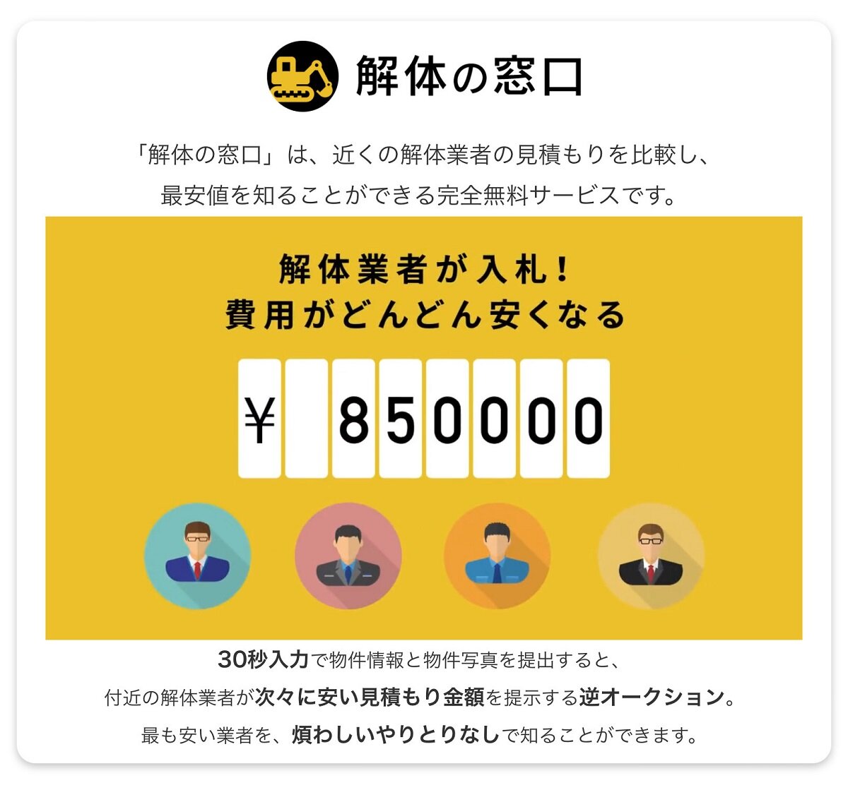 バリュー クリエーション_「解体の窓口」サイト。逆オークション型で最も安い価格の解体業者とマッチングすることができる