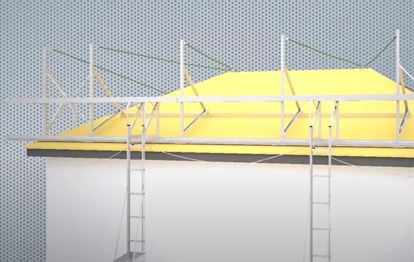 元旦ビューティ工業　足場を組まずに屋根の葺き替えができる「屋根作業安全装置」