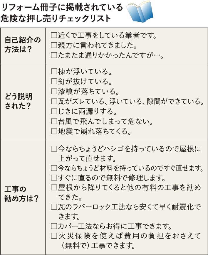いらか　訪問販売の詐欺への啓発ページ。消費者に対して訪問販売が来た際、詐欺業者に該当するかをチェックできるリストを同社が作成（同社の冊子を元に本紙で作成）