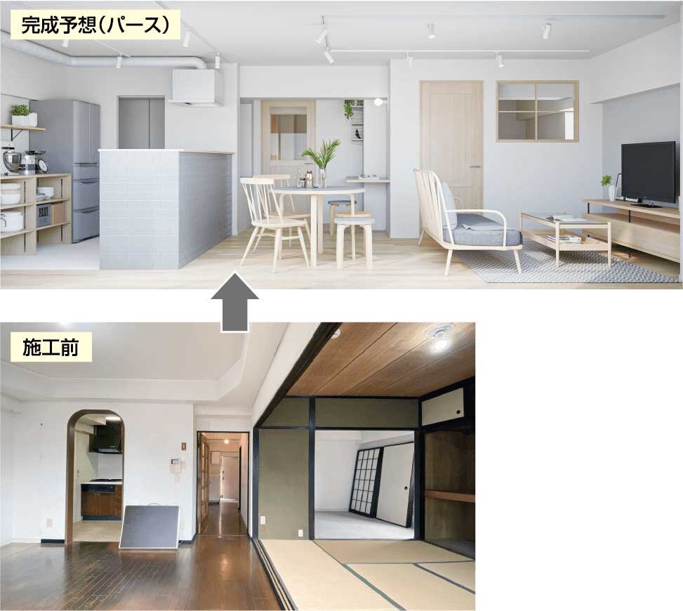 リノベる　上は完成予想のパース。下が施工前。小分けになっていた部屋を開放的なLDKに変更。キッチンを対面にする。7月に施工開始し、9月完成