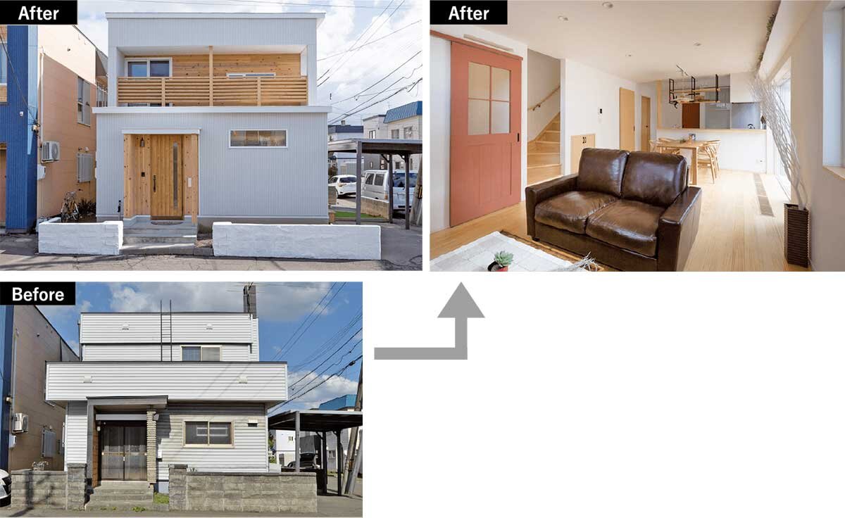 アルティザン建築工房　「サスティナくん」のビフォーアフター。太陽光パネルを付けてZEH住宅にしている。性能はもちろん、デザインにもこだわった