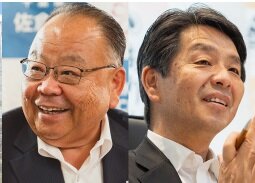 エス・エム・エス　千葉県佐倉市の西田三十五市長（左）、茨城県石岡市の谷島洋司市長（右）