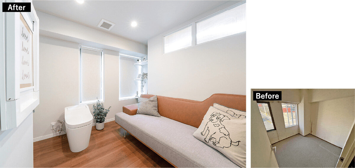 bELI　改修前の居室が、リノベーションでトイレと居室空間一体の部屋になった。クラッシュゲートのソファに腰を掛けることができる