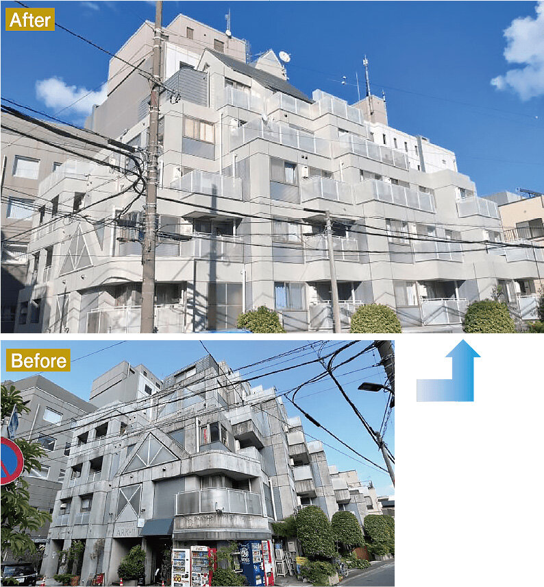 ノアーズリフォーム　マンション大規模修繕のビフォーアフター。下地補修、シーリング打ち替え、外壁塗装、防水工事などを行った