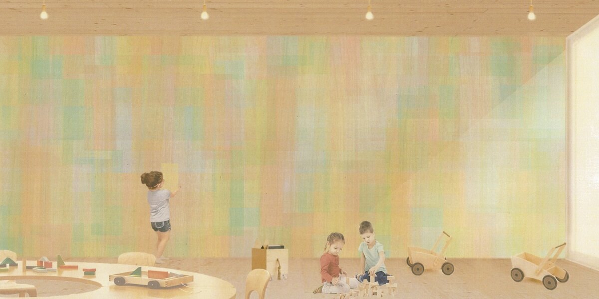 サンゲツ　大賞を受賞した小泉裕聖氏の「Translucent」。木の合板を下地とする木質空間に適した壁紙として、色をプリントした寒冷紗を重ね張りすることを提案