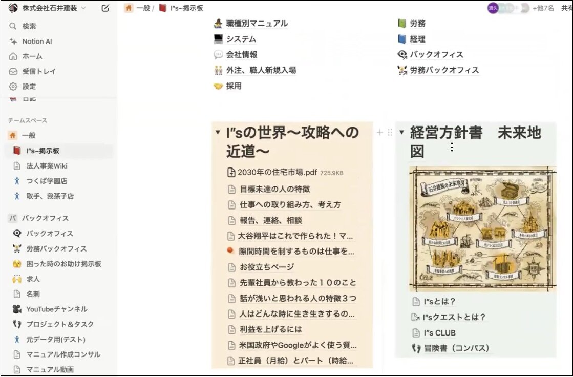 石井建装　石井建装では自社の経営ビジョンなどもアーカイブとしてNotionに掲載。ほかに求人情報、休みの手続き、給与計算のマニュアル、名刺の手配といった各種手続きも用意されている