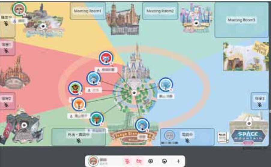 ライフタイムサポート　ネット上にオフィスを用意し、アイコンを近づけると会話ができる。社内にディズニーが好きな人が多いため、背景をディズニーにしている
