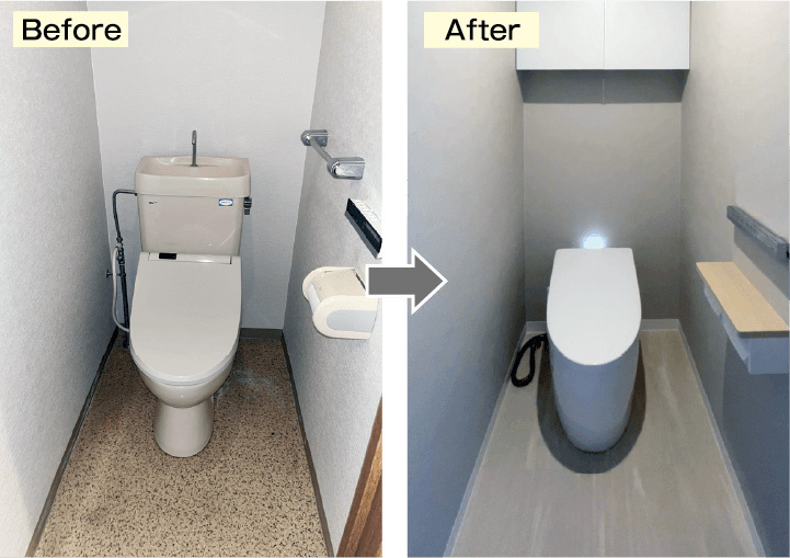 リフォーム大賞トイレ部門　実際の施工事例。分電盤を棚に入れて隠し、タンクレスにすることですっきりとした空間になった