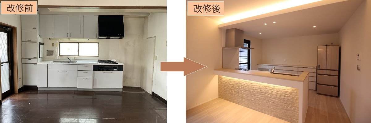 リビングデザイン　キッチンのカウンター下に間接照明を設置した