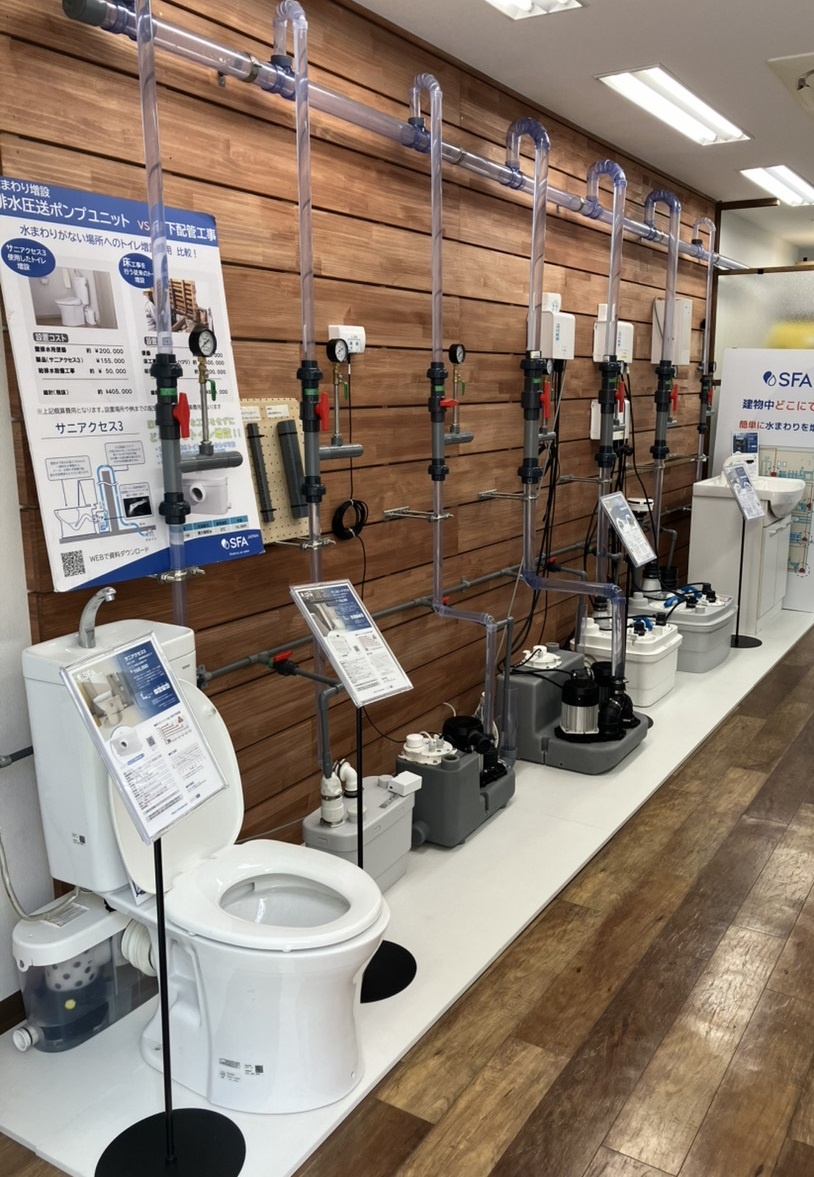 用途が異なる同社の排水圧送ポンプのユニット型実機を8機展示