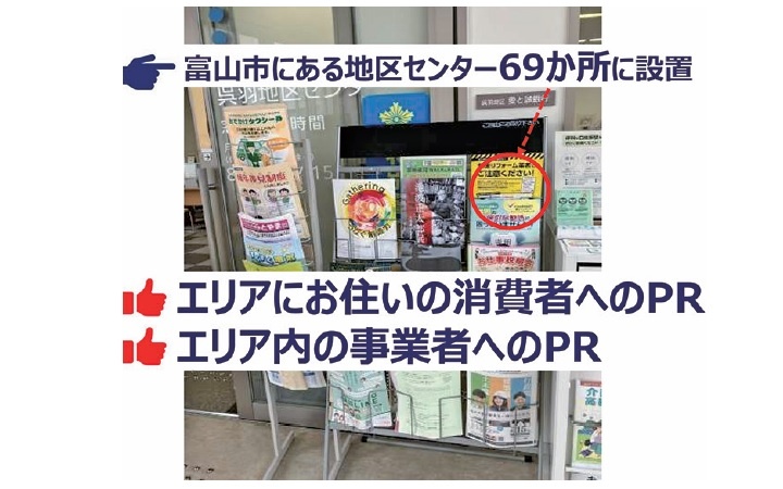 富山県富山市では、市内69カ所にある地区センターに案内を設置した