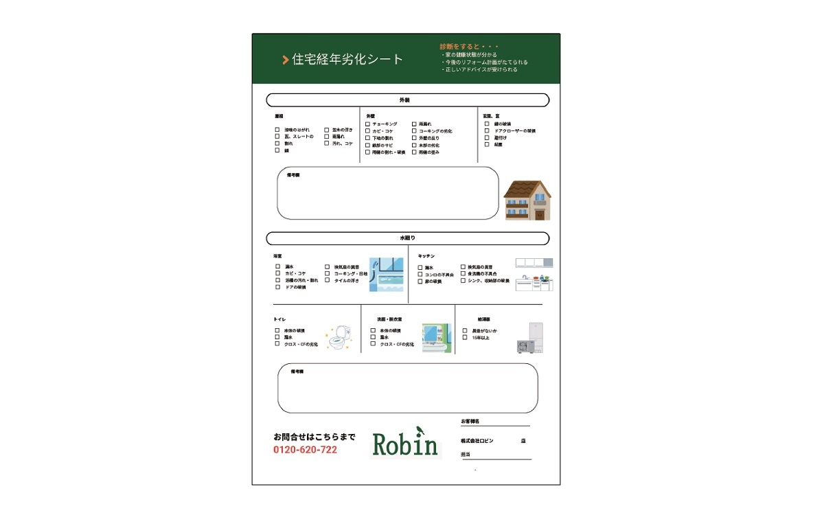 住宅診断に用いるチェックリスト。現場訪問時に10～15分で実施できる簡易形式