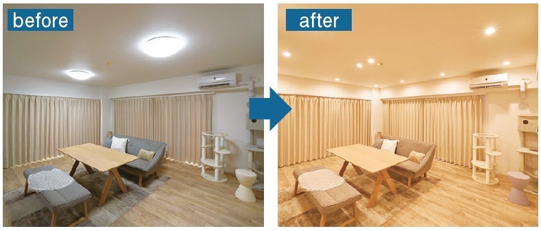 シーリングライトを複数のダウンライトに切り替え