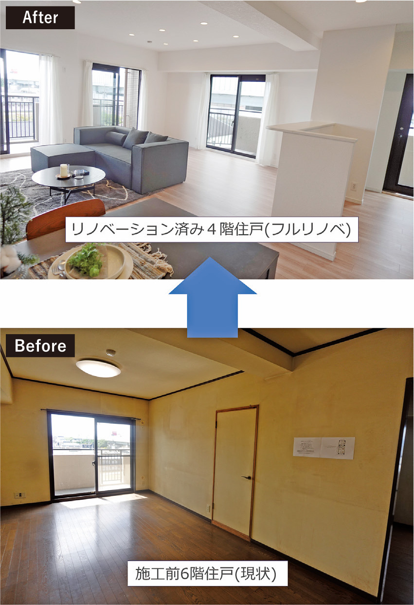 暗い印象のLDKが白を基調とした家族団らんの空間へ