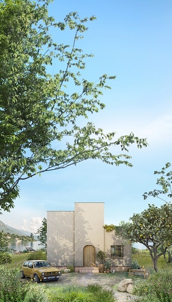 ミニマルなデザイン、ベージュトーンの外壁が懐かしさを演出