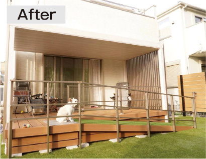 傾斜の緩やかなスロープにした。足腰の負担軽減のため芝生をはる