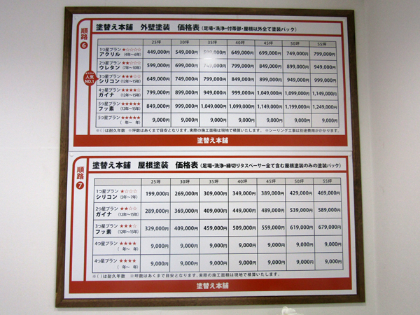 カラーズ　店舗内にある価格表一覧