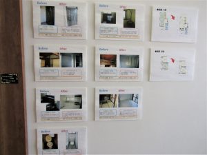 モデルルームの壁には、ビフォーアフターを部位ごとで展示。違いがわかる工夫を施している